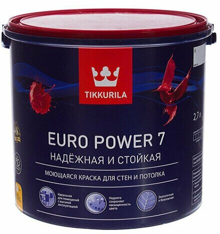 Краска для стен и потолков моющаяся Tikkurila Euro Power-7 (Евро-7) 0,9л белый (база А)