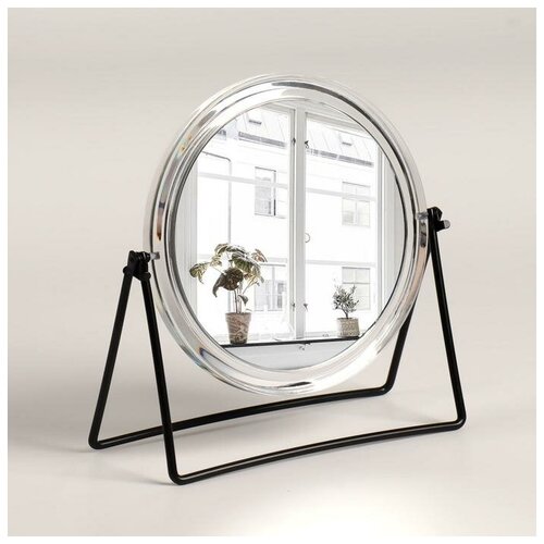 фото Зеркало настольное "стиль", двустороннее, с увеличением, диаметр зеркальной поверхности 12,5 см, цвет серебристый/черный сима-ленд
