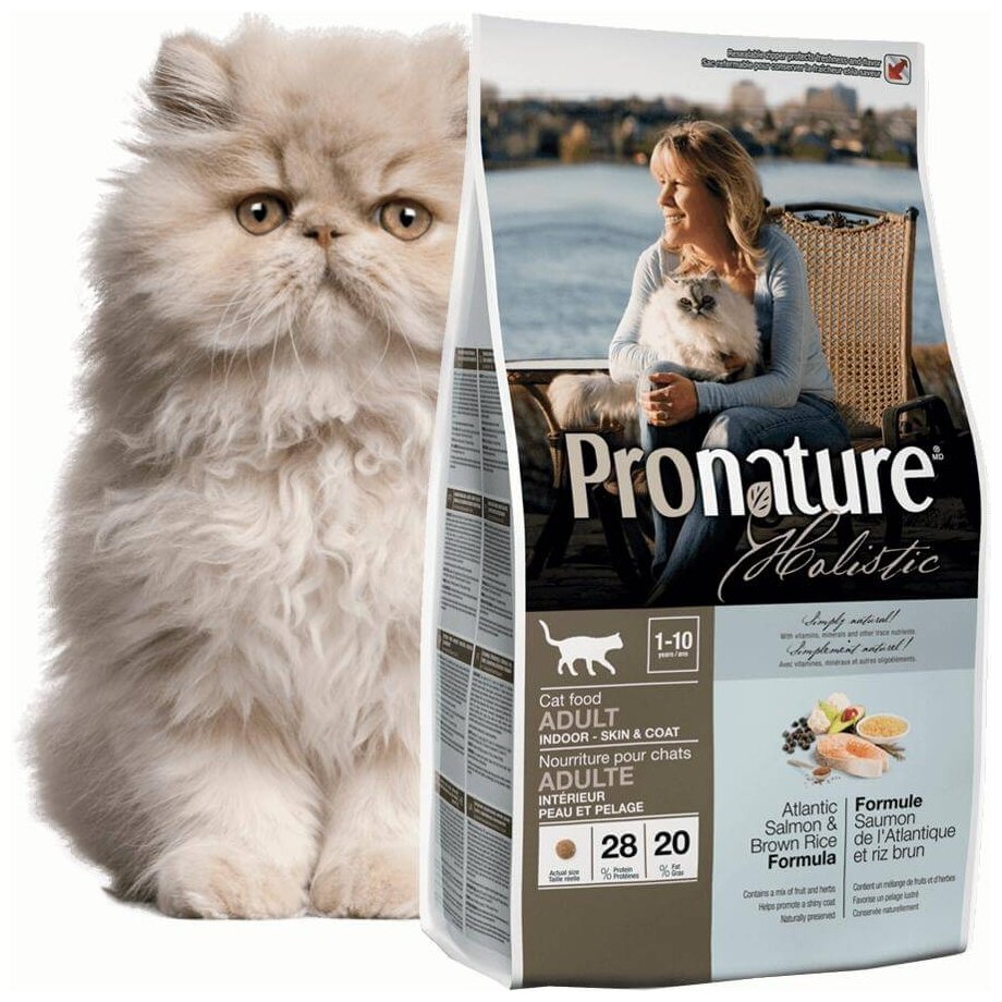 Корм Pronature Holistic Adult Indoor Skin & Coat Atlantic Salmon & Brown Rice Formula для домашних кошек, для кожи и шерсти, с лососем и рисом, 5.44 кг - фотография № 7