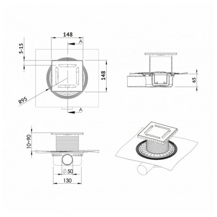 Душевой трап Berges Wasserhaus Zentrum Norma 090363, боковой выпуск, цвет хром матовый, 15x15 см - фотография № 7