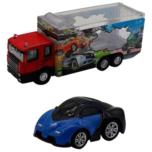 фото Набор грузовик + машинка die- cast синяя, спусковой механизм, 1:60 funky toys