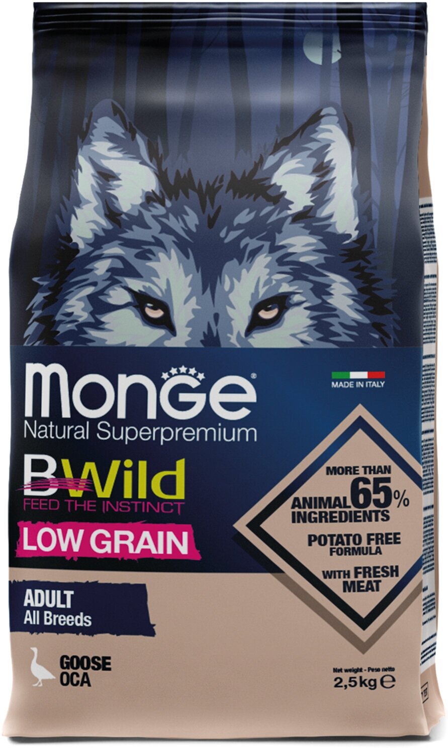 Сухой корм Monge Dog BWild LOW GRAIN, для взрослых собак, низкозерновой, из мяса гуся 2,5 кг