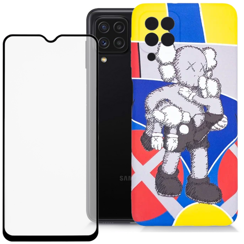 Комплект 2 в 1: Защитный чехол Kaws + защитное стекло для Samsung Galaxy A22 / M22 / M32 / Накладка / бампер с защитой камеры LUXO Самсунг а22