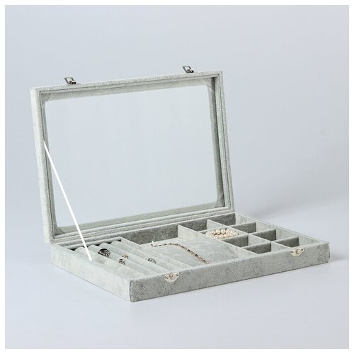 фото Подставка под кольца, кулоны, 4 ряда, 6 крючков, 8 ячеек, со стеклянной крышкой, цвет серый (1 шт.) promarket