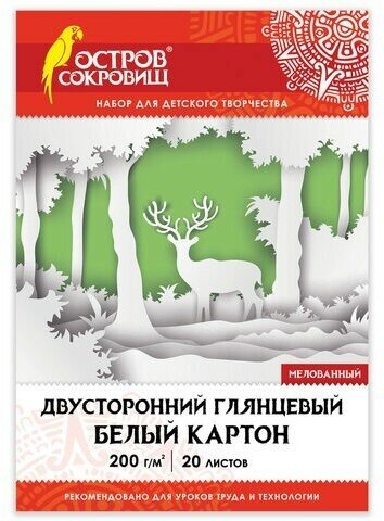 Картон белый А4 мелованный (белый оборот), 20 листов, в папке, остров сокровищ, 200х290 мм, 111313