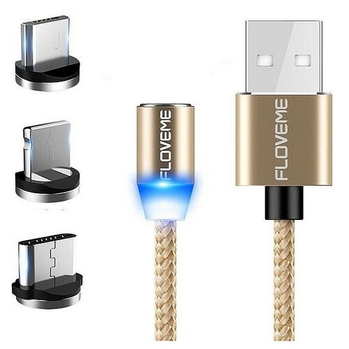 Магнитный кабель зарядки Floveme 3-в-1 (microUSB + type-C + Lightning), 1.0m, золотистый магнитный держатель для телефона на панель floveme s1