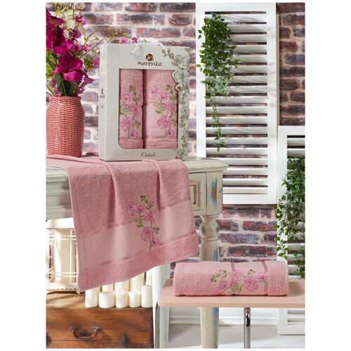 фото Подарочный набор полотенец для ванной 50х90, 70х140 merzuka orkide хлопковая махра розовый merzuka (турция)