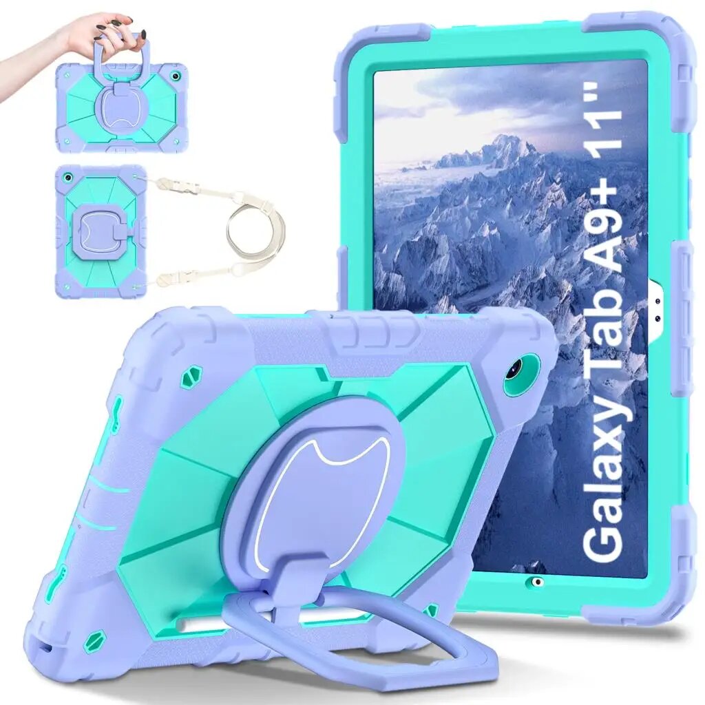 Бронированный чехол для Samsung Galaxy Tab A9 SM-X110 SM-X115 SM-X117 8,7 дюйма A9 Plus SM-X210 SM-X216B SM-X218U 11-дюймовый чехол-подставка, Purple-Mint Green, A9 Plus SM-X210 X216