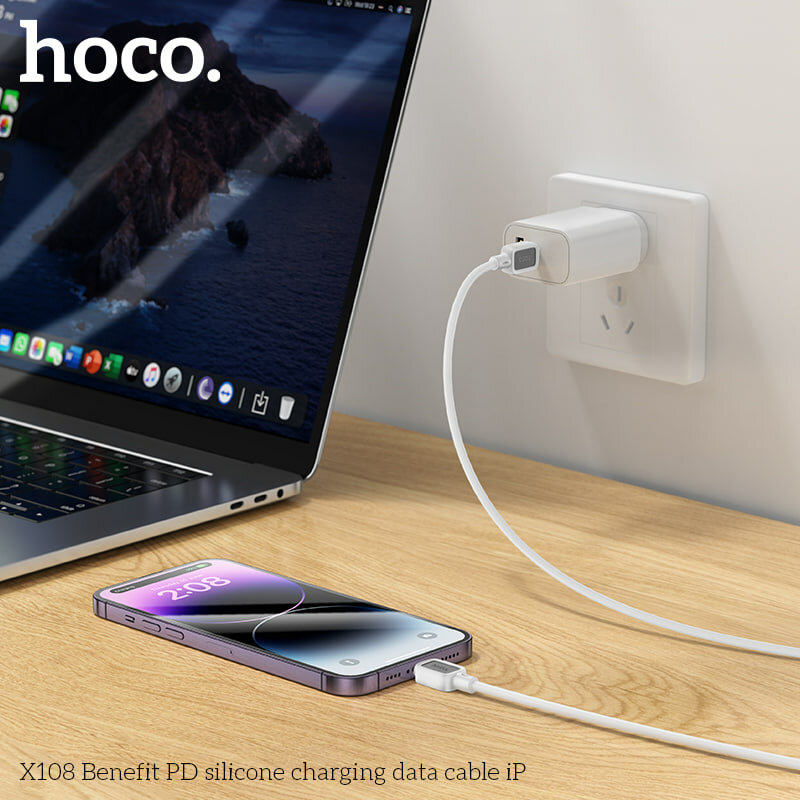 Кабель HOCO X108, для передачи данных, 2.4 A, силиконовый, белый