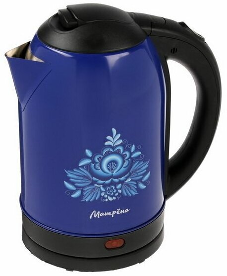 Чайник электрический MA-005, металл, 2 л, 1500 Вт, сине-чёрный с рисунком "Гжель"