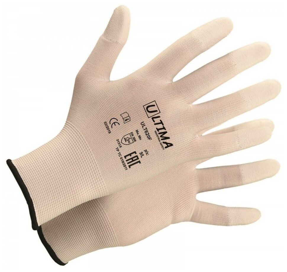 Нейлоновые перчатки с полиуретановым покрытием кончиков пальцев ULTIMA белые ULT620F/M