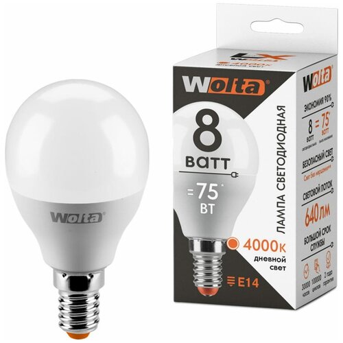 Wolta LX лампа светодиодн. шар G45 E14 8W(640llm) 4000К 4K 92x48x48 30S45GL8E14 (арт. 731414)