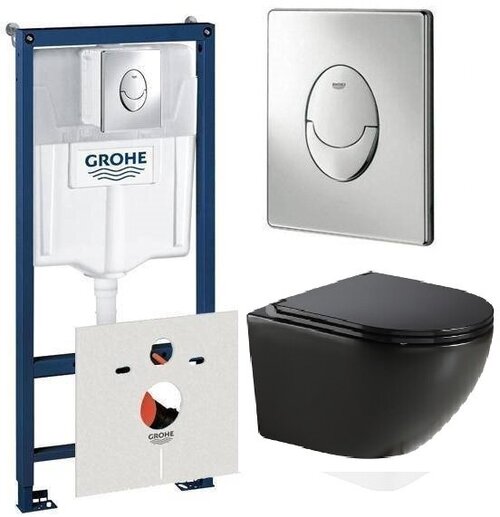 Готовый комплект: Исталляция Grohe 38750001 + Унитаз подвесной Azario Grado AZ-0046-MB черный