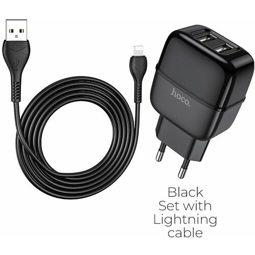 Сетевое ЗУ Hoco C77A + кабель iPhone Lightning (2USB/2.4A) черное
