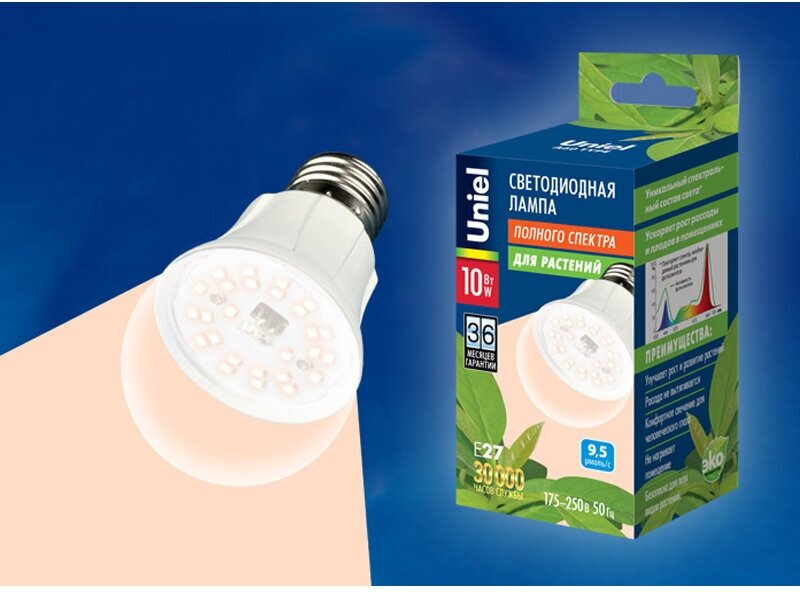 Лампа для растений LED-A60-10W/SPFR/E27/CL PLP01WH полный спектр Uniel UL-00001820