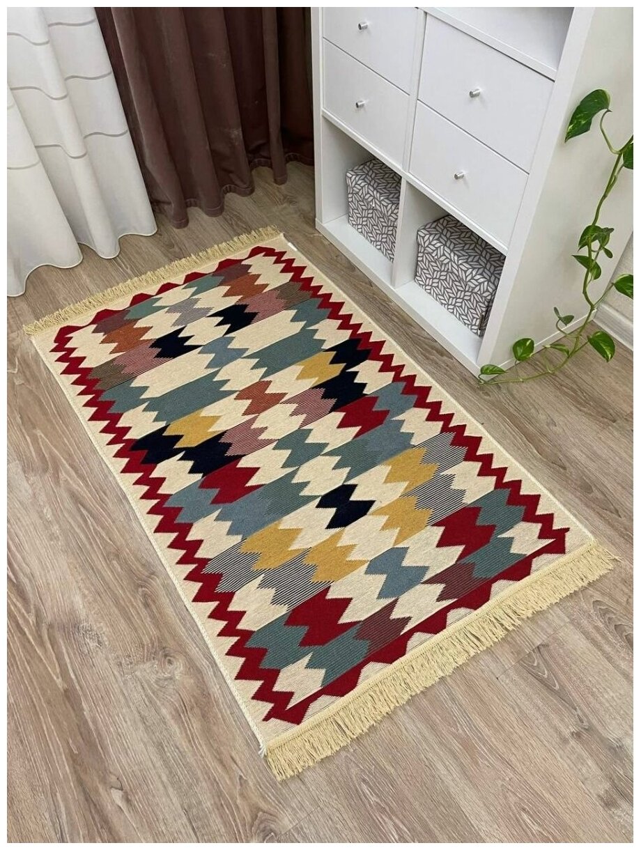 фото Турецкий хлопковый двусторонний ковер килим 80 см на 125 см / прикроватный коврик / придверный коврик / эко килим Musafir Home
