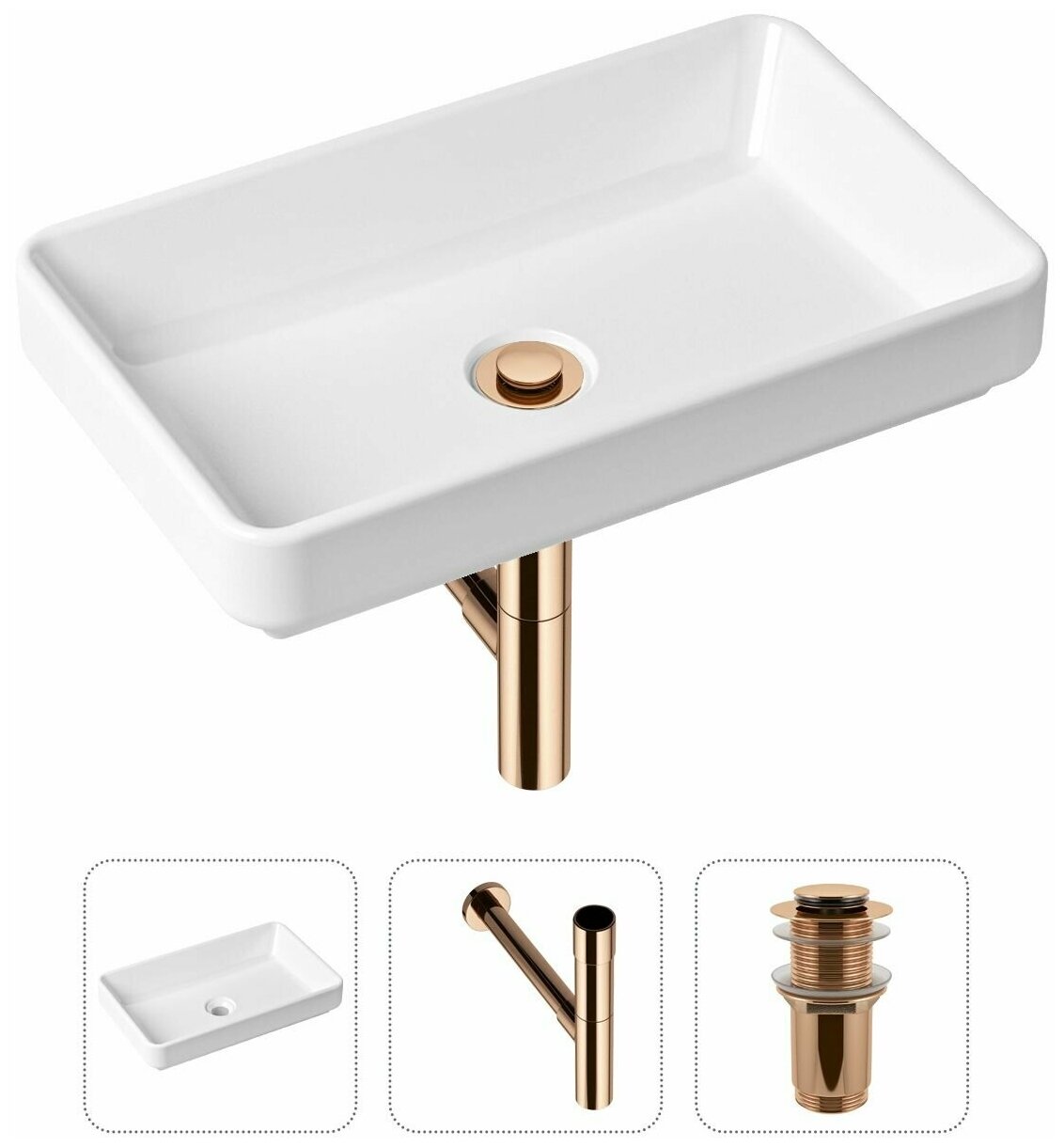 Накладная раковина в ванную Lavinia Boho Bathroom Sink Slim 21520139 в комплекте 3 в 1: умывальник белый, донный клапан и сифон в цвете розовое золото