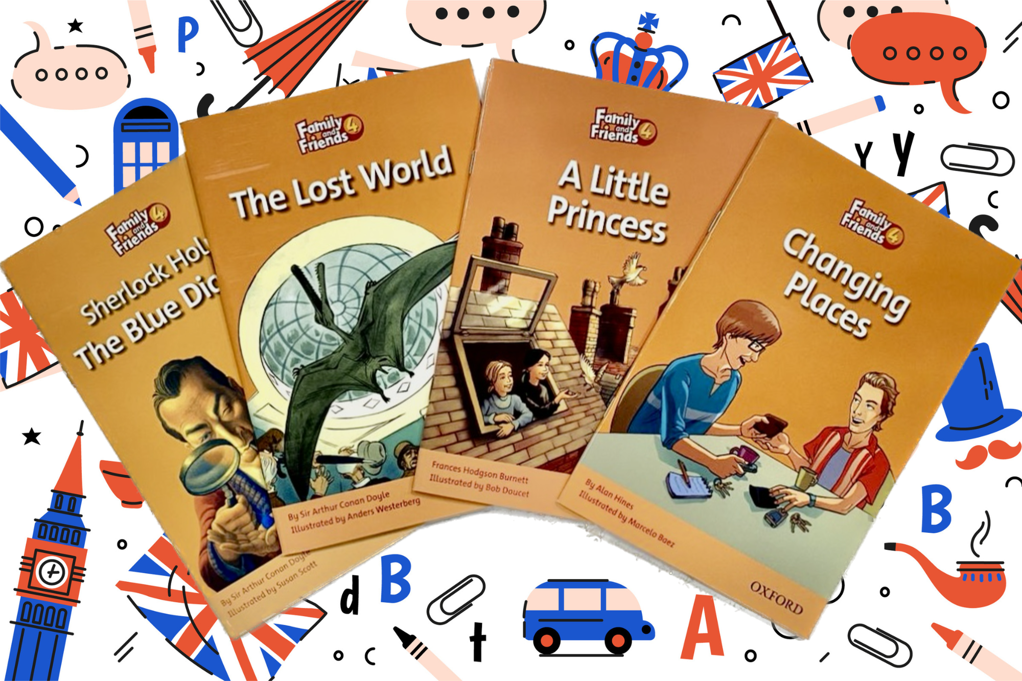 Family and Friends 4 Readers The Lost World, Sherlock Holmes and The Blue Diamond, Changing Places, A Little Princess