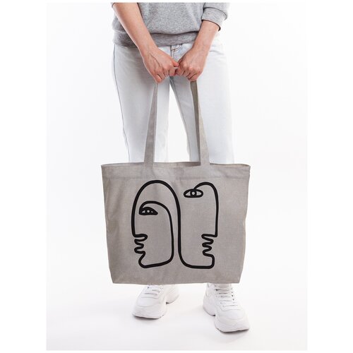 фото Текстильная женская сумка joyarty "загадочные лица" на молнии для пляжа и фитнеса