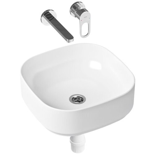 фото Комплект 3 в 1 lavinia boho bathroom sink slim 21510164, накладная фарфоровая раковина 40 см, встраиваемый смеситель со скрытым механизмом, пластиковый сифон