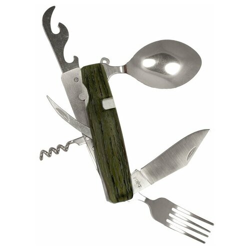 Ложка-вилка походные Pirat мультитул походный, зеленый, 6 предметов