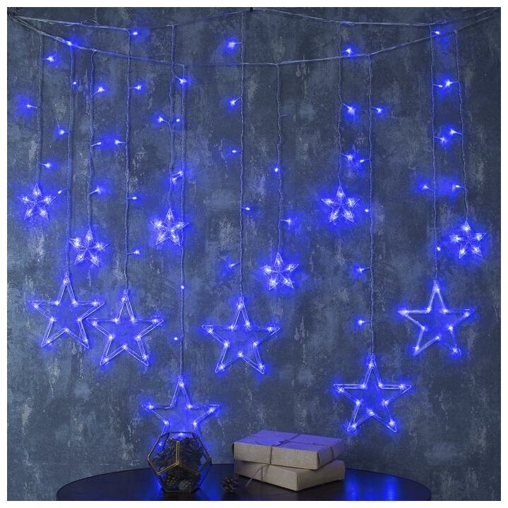 Гирлянда Luazon Lighting "Бахрома", 2,4х0,9 м, "Звезды", LED-138-220V, 8 режимов, нить прозрачная, свечение синее (2361700)