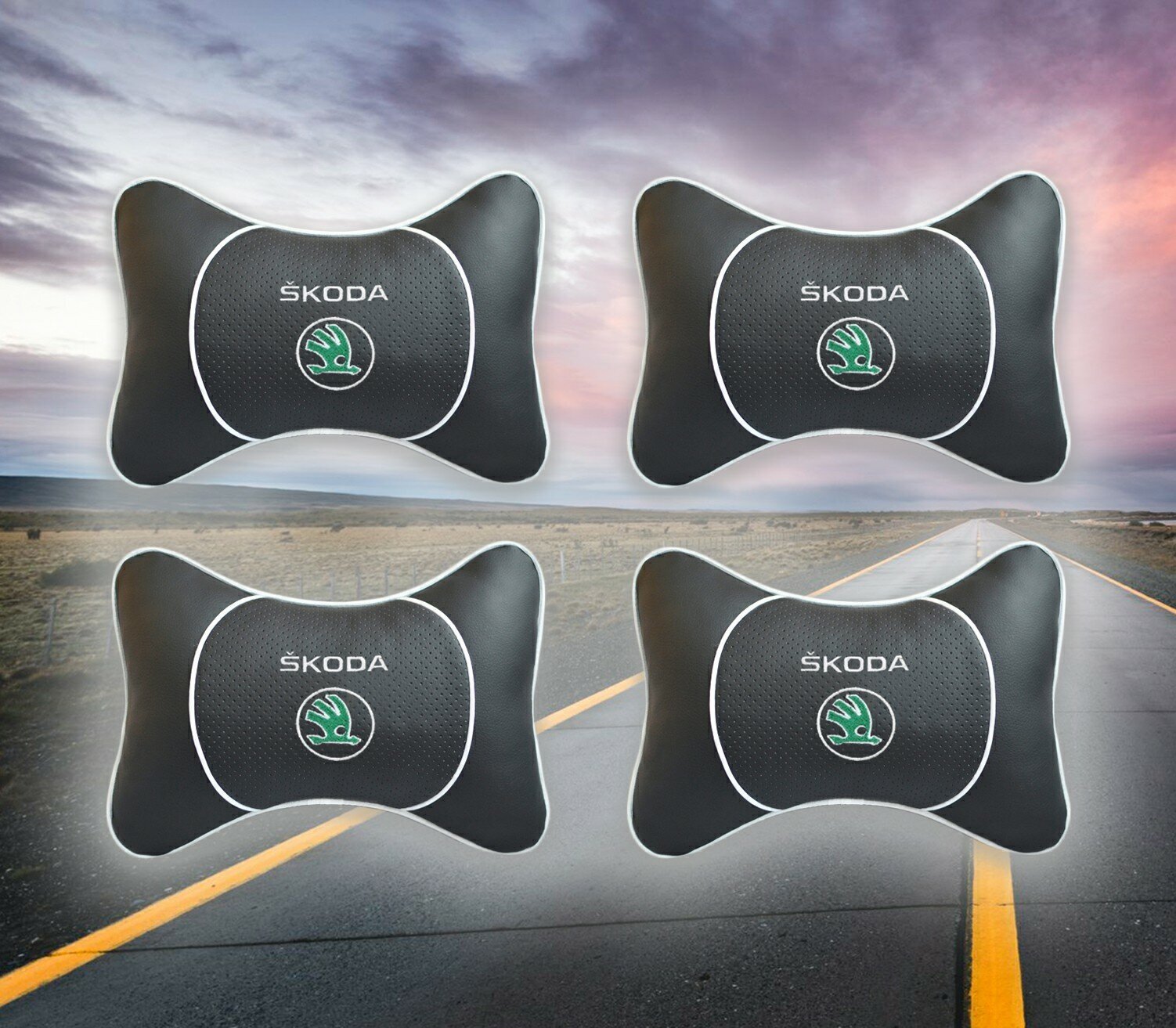 Комплект автомобильных подушек под шею на подголовник с вставкой из бежевой экокожи и вышивкой для Chevrolet (шевроле) (4 подушки)