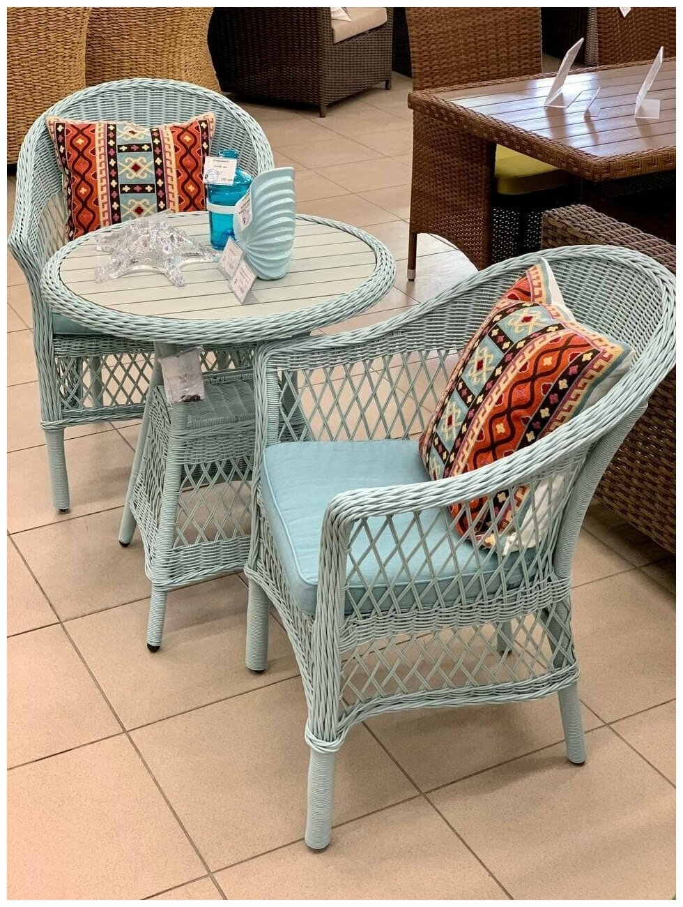 Плетеная мебель California комплект (стол + 2 кресла) цвет голубой - фотография № 4