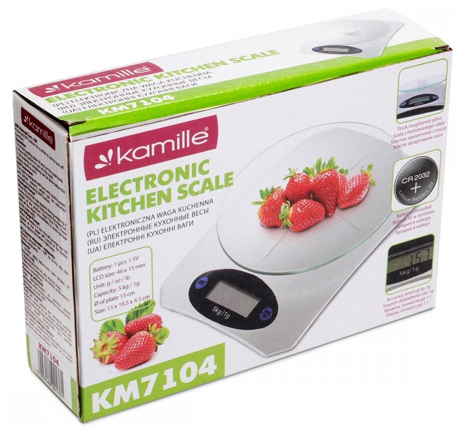 KAMILLE Весы кухонные электронные Kamille KM 7104 со стеклянной платформой Серебристый - фотография № 2