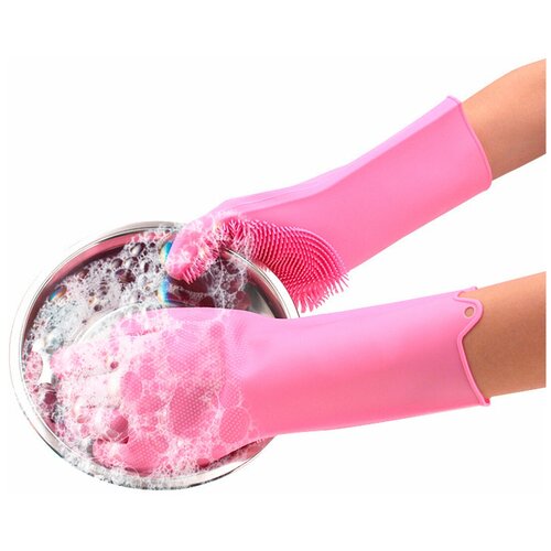 фото Перчатки силиконовые для мытья посуды/овощей/фруктов eliza home, розовый, wh03407 2 шт