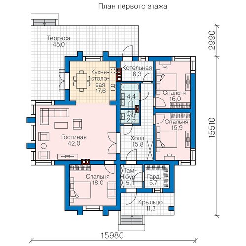 Проект газобетонного дома Catalog-Plans-62-03 (149,28кв. м, 15,98x15,01м, газобетон 400) проект газобетонного дома catalog plans 62 07ae 168 94кв м 12 3x11 05м газобетон 400