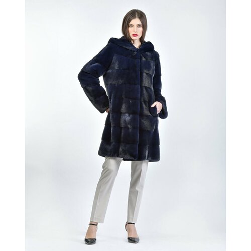 Пальто Skinnwille, норка, силуэт прямой, капюшон, размер 38, синий