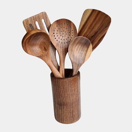 Набор из деревянных столовых приборов 6-в-1 (натуральное экологичное тиковое дерево)