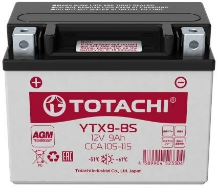 Аккумулятор TOTACHI CMF 1209 12 V 9 A/h YTX9-BS R AGM