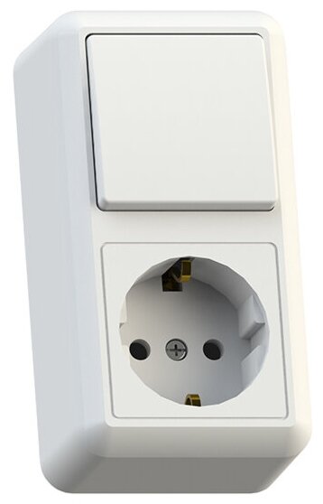 Блок выключателя с розеткой Кунцево-Электро Оптима 8064 вертикальный одноклавишный открытая установка белый с заземлением