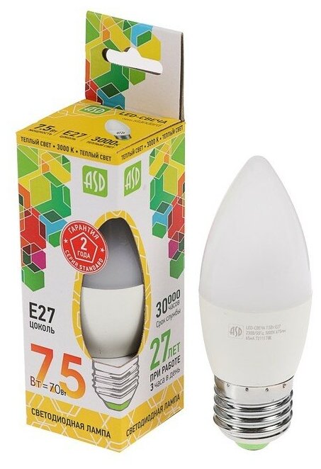 Лампа светодиодная LED-СВЕЧА-standard 7.5Вт 230В Е27 3000К 675Лм ASD