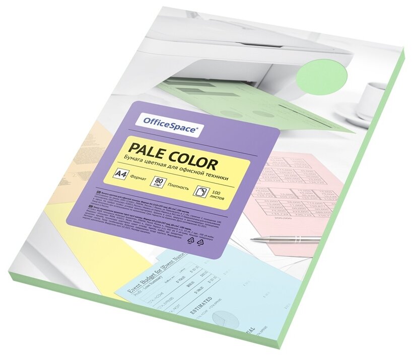 Бумага цветная ArtSpace OfficeSpace, Pale Color, A4, 80 г/м, 100 листов, зеленый (PC_38233)