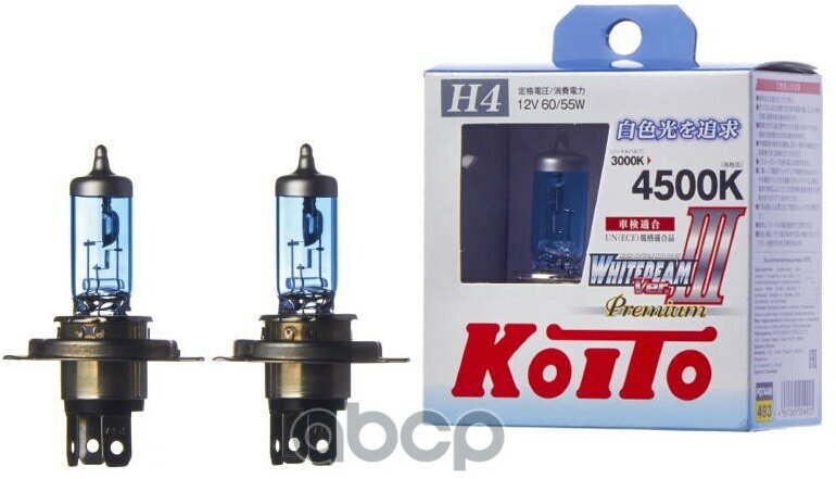 Лампа Высокотемпературная Koito Whitebeam Premium H4 12V 60/55W (135/125W) 4500K (Комплект 2 Шт.) KOITO арт. P0744W