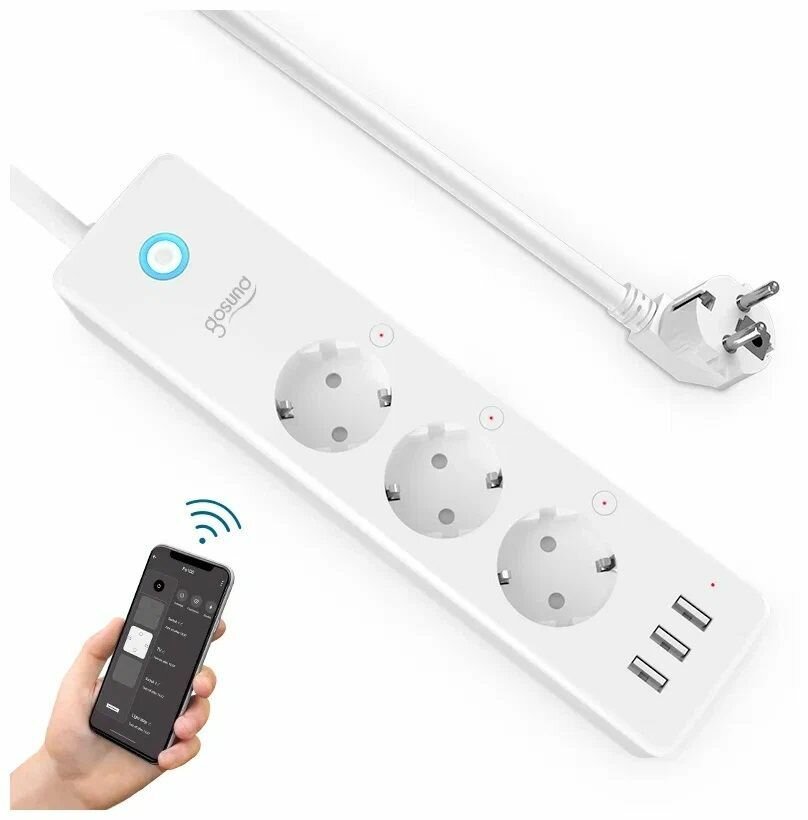 Умный сетевой фильтр Gosund Smart plug Wi-Fi 3 розетки 3 USB 15А 3680 Вт 15м /работает с Alexa Google Ассистент/для региона РФ