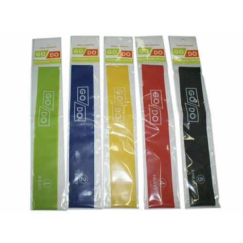 Набор эспандеров В набор входит 5 эспандеров-петель Длина 30 см в сложенном виде ширина 5 см толщина 035 мм 05 мм 07 мм 09 мм 11 мм 605-Н5 970₽