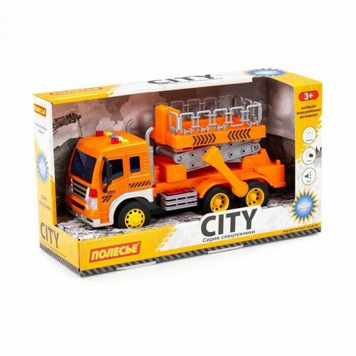 Автомобиль Сити с подъёмником, инерционный, со светом и звуком, цвет оранжевый автомобиль полесье сити пожарный инерционный со светом и звуком 86396