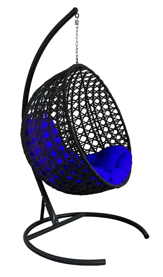 Подвесное кресло из ротанга "круг люкс" с ротангом черное, синяя подушка