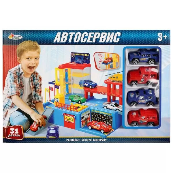 АВТОСЕРВИС "ИГРАЕМ ВМЕСТЕ" С 4-МЯ МАШИНКАМИ В РУСС. КОР. 39*27*7СМ в кор.18шт - фото №2