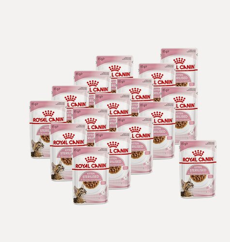 Изображение товара Royal Canin Kitten Sterilised влажный корм для котят в возрасте от 6 до 12 месяцев после стерилизации и кастрации, кусочки в желе, в паучах - 85 г х 16 шт.