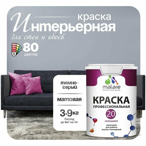 фото Краска акриловая (ак) malare professional №20 waterprof влагостойкая моющаяся матовая темно-серый 2.7 л 3.9 кг