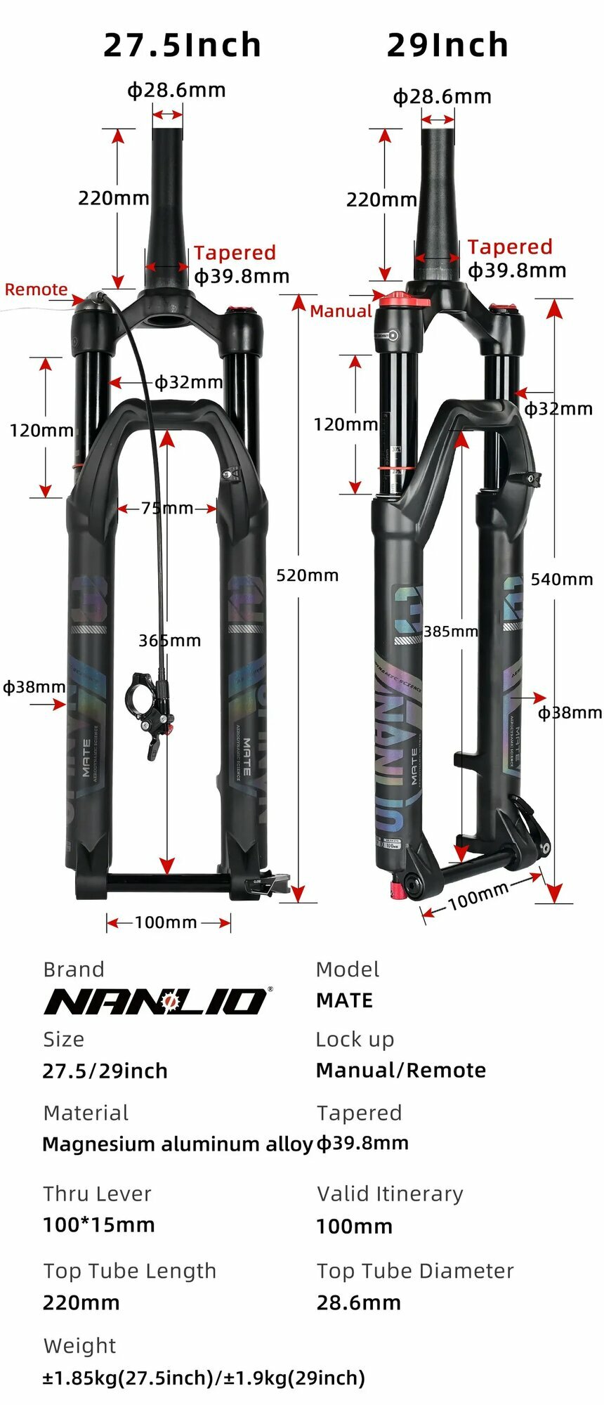 Вилка велосипедная NanLio X7 PRO, 26", 120mm, Прямой шток, Ручная блокировка, QR (100x9) — фото 1