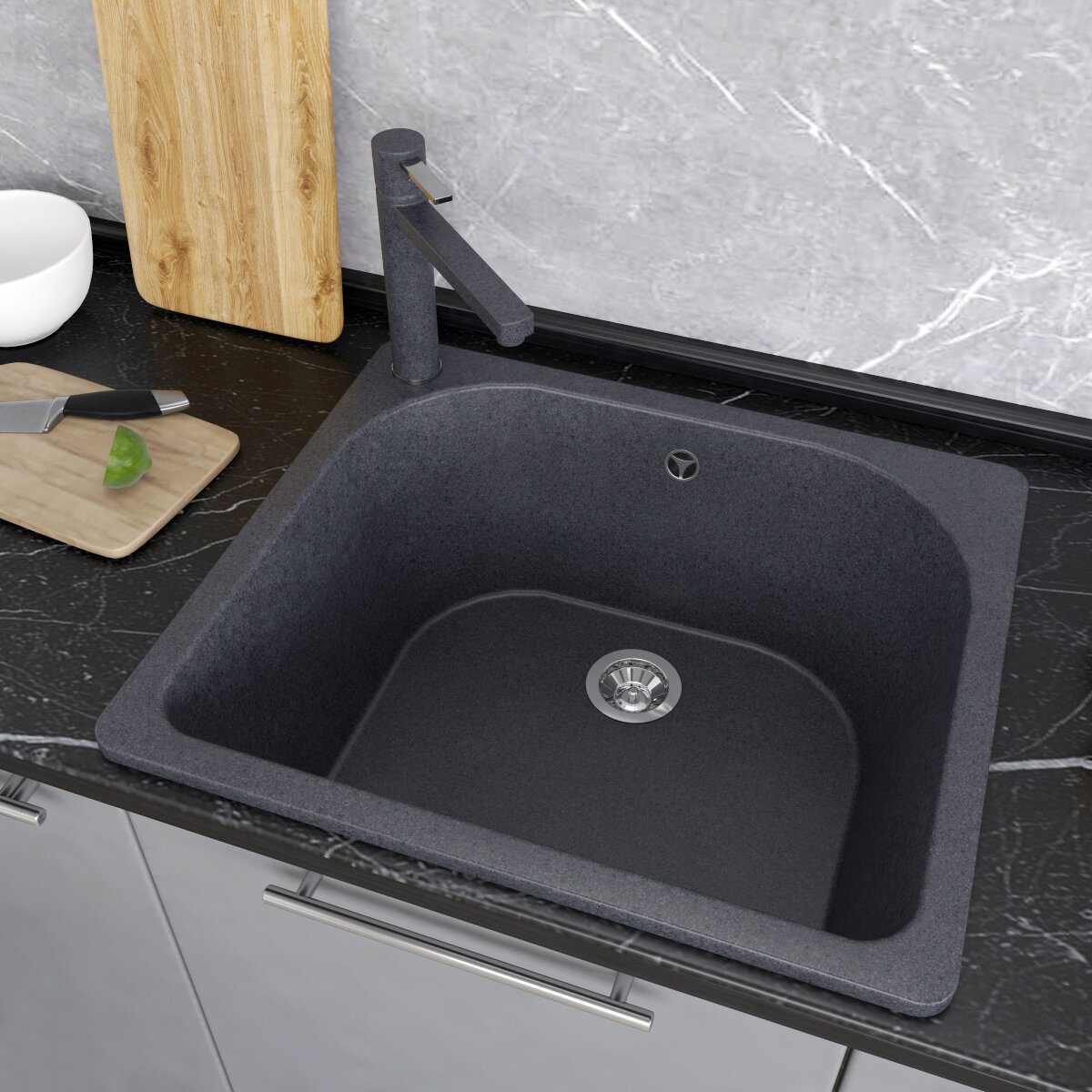 Мойка G-27 из искусственного камня 575x500x225мм чёрная с сифоном хром