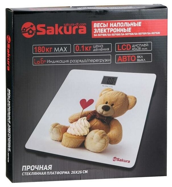 Весы напольные Sakura SA-5071BR, до 180 кг, картинка медвежонок - фотография № 8