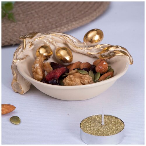 Подставка для украшений блюдце из мрамора BOGACHO Oliva Branch кремового цвета с золотой поталью