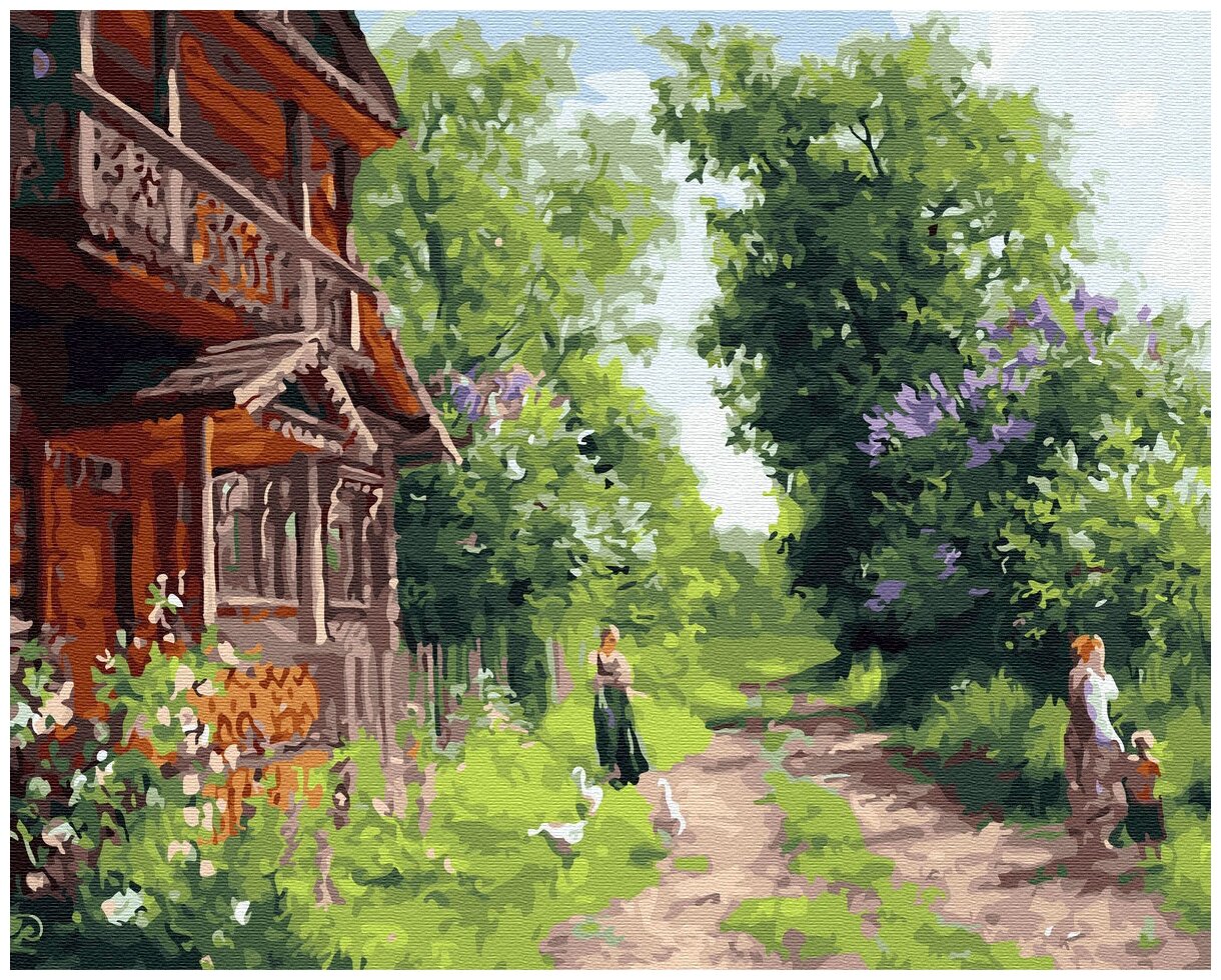 Длинная деревенская улица совсем пустынна стены одних домов выкрашены масляной краской